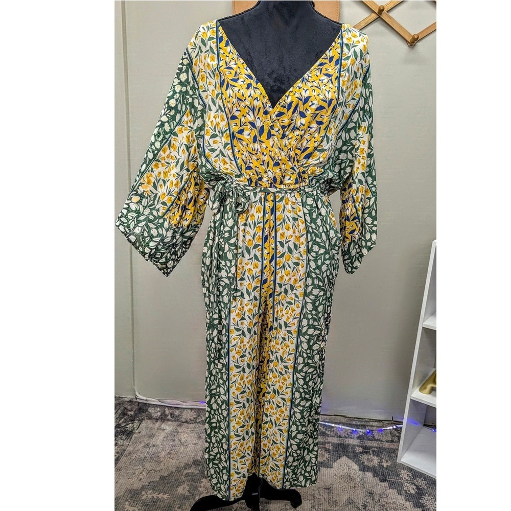Democracy Womens Floral V-Neck Jumpsuit Yellow Green Wide Leg B5062X7SM M